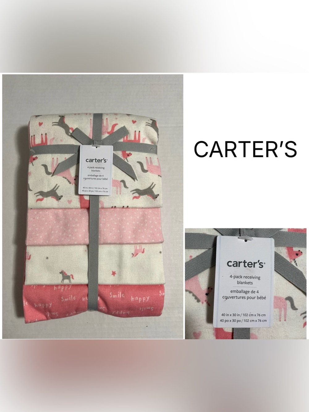 🆕CARTER’S - NWT - 40”X30” - 4PK - INFANT GIRLS PINK UNICORN RECEIVING BLANKETS
